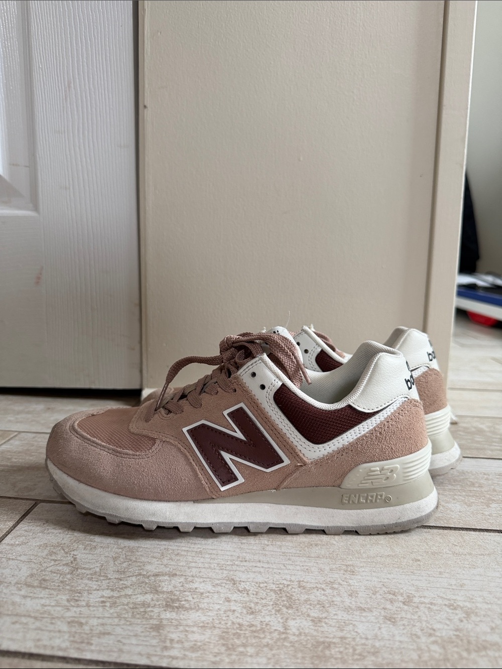New Balance Blush Pink and Maroon 574 Sneakers